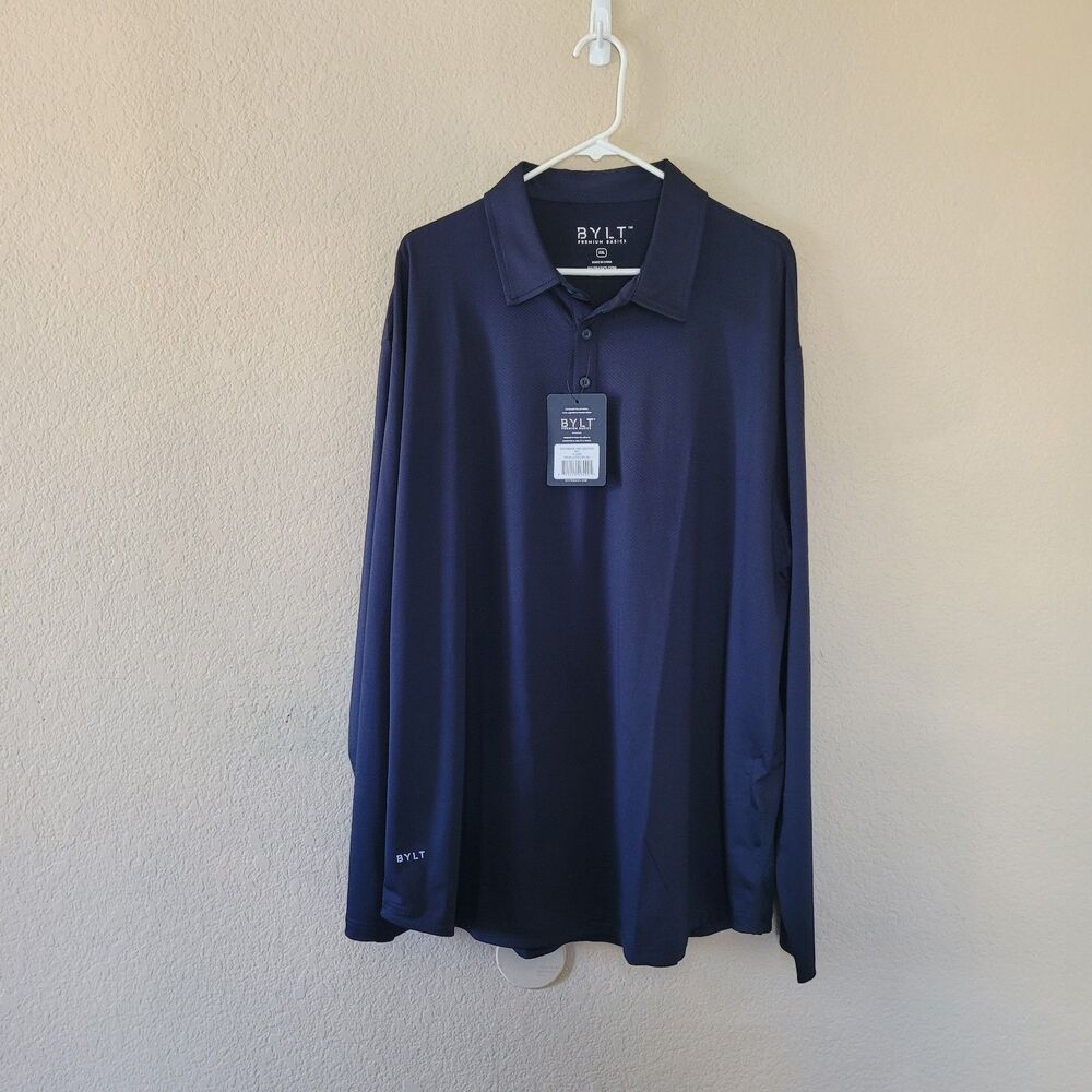 BYLT Premium Mens XXL Performance Lux Long Sleeve Navy Blue 1/4 Button Polo NWT